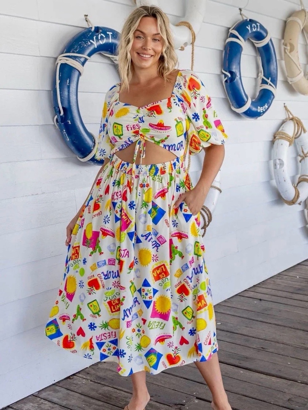Proud Poppy Pippa Cut Out Dress in Corazon Mini White & Multicolor Size 14